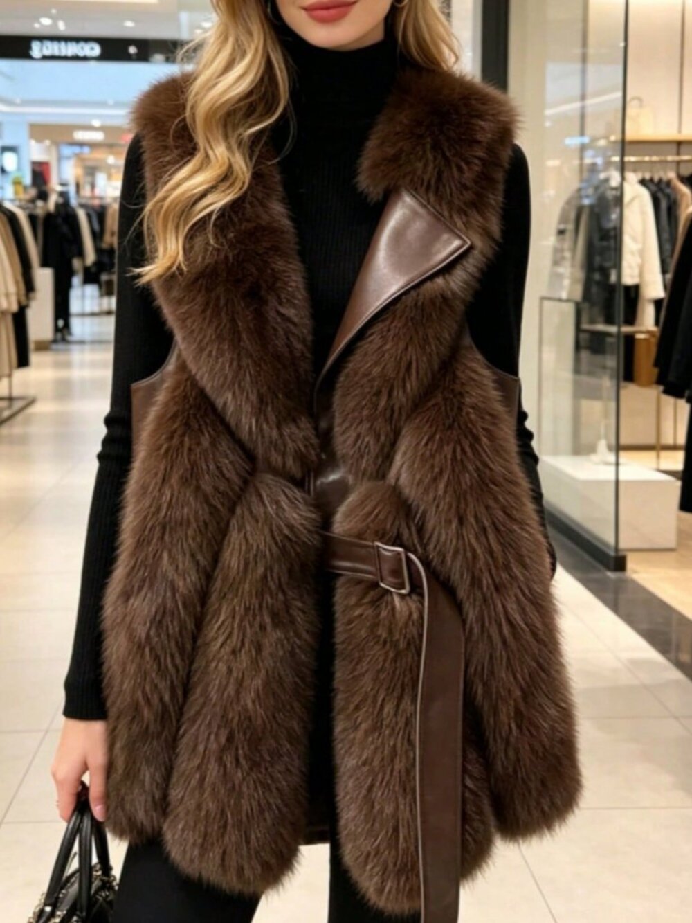 Brown Casual Women's Slim Fit And Versatile Faux Fur Vest Coat - Picture 2 of 5